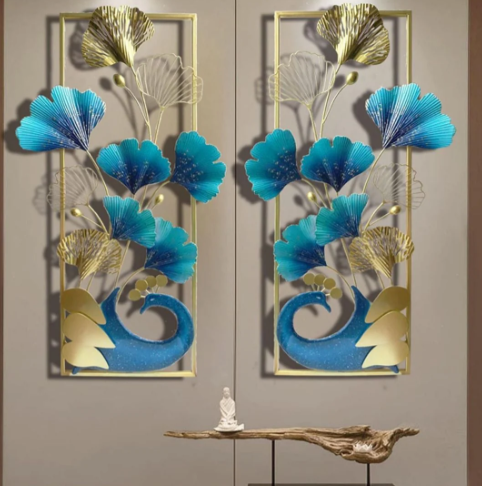 Metal Wall Art Decor 3D Peacock and Ginkgo Leaf Metal Wall Hanging Sculpture Natural Home Art Decorations