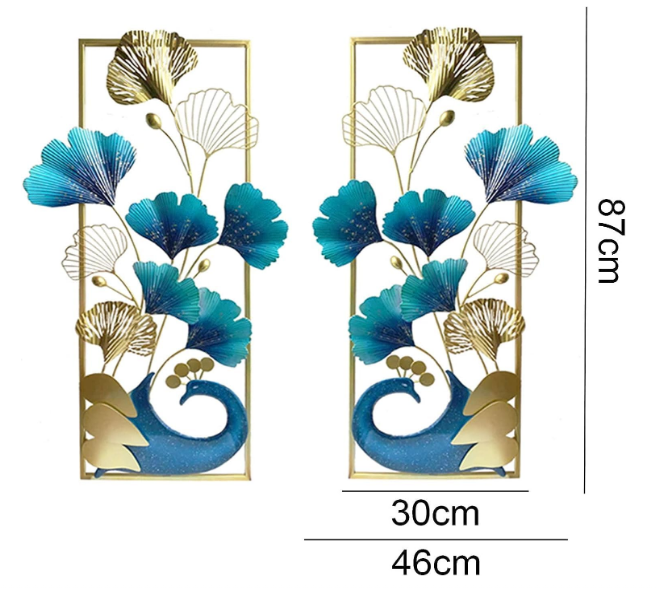 Metal Wall Art Decor 3D Peacock and Ginkgo Leaf Metal Wall Hanging Sculpture Natural Home Art Decorations