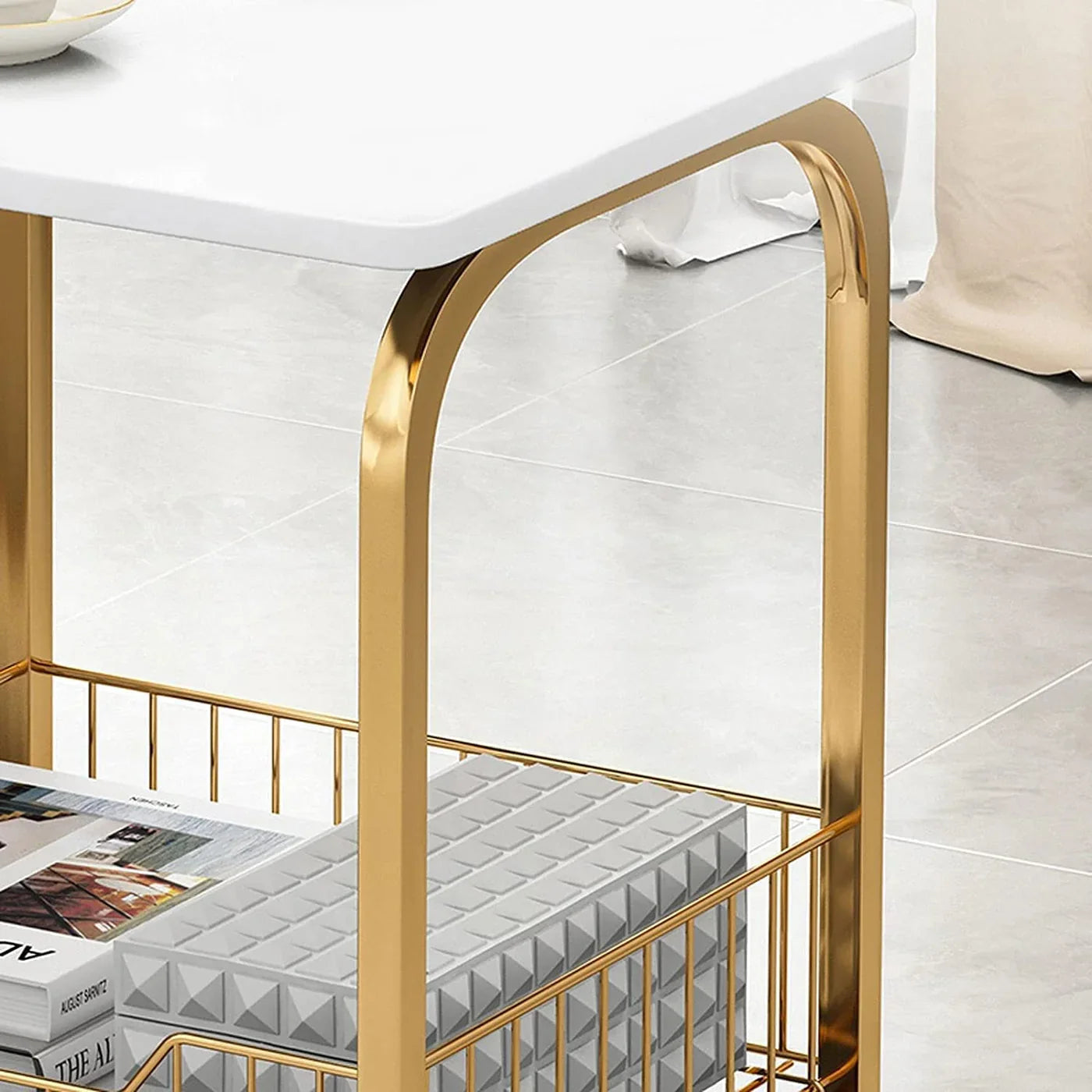 Square Basket Side Table with Marble Top