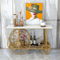 Marble Top 2-Tier Console Table with Decorative Trolley Wheels in Gold Finish