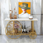 Marble Top 2-Tier Console Table with Decorative Trolley Wheels in Gold Finish