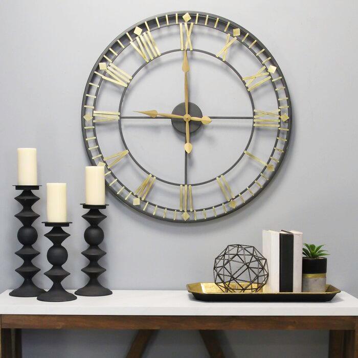 Round Metal Wall Clock with Black Golden Roman Numerals | 24 Inch Wall Clock For Drawing Room