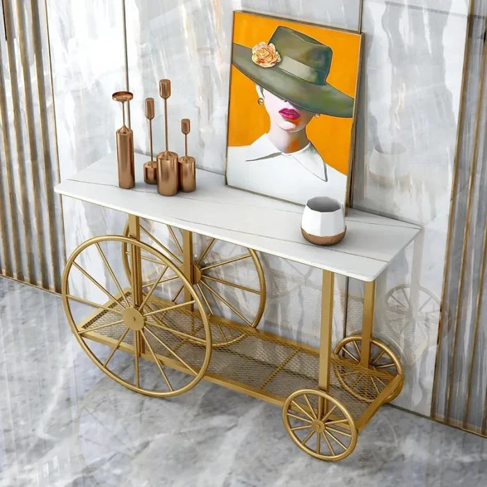 Marble Top 2-Tier Console Table with Decorative Trolley Wheels in Gold Finish