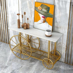 Marble Top 2-Tier Console Table with Decorative Trolley Wheels in Gold Finish