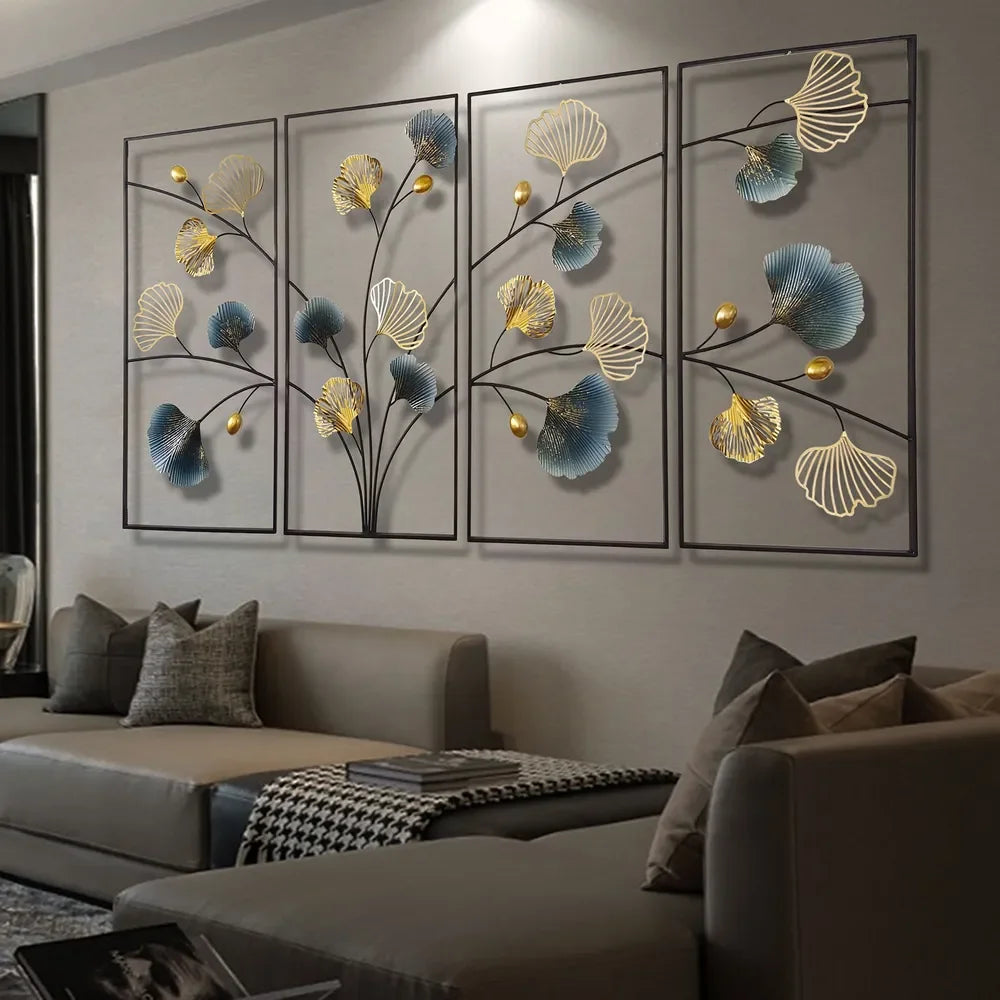 4Pcs Metal Ginkgo Leaf Wall Art Hanging Decor Sculpture for Living Room