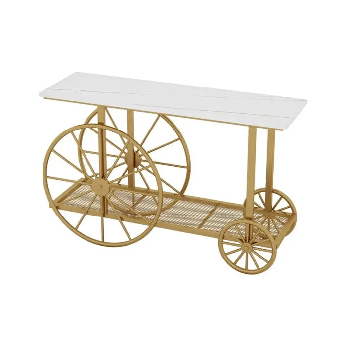 Marble Top 2-Tier Console Table with Decorative Trolley Wheels in Gold Finish