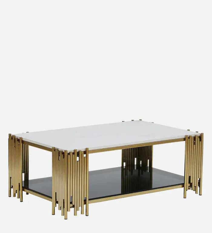 Metal Coffee Table In Golden Finish With Porcelain Top
